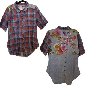 Aratta Plaid Sample Mixed Textures Floral Plaid Short Sleeves Shirt Size Small